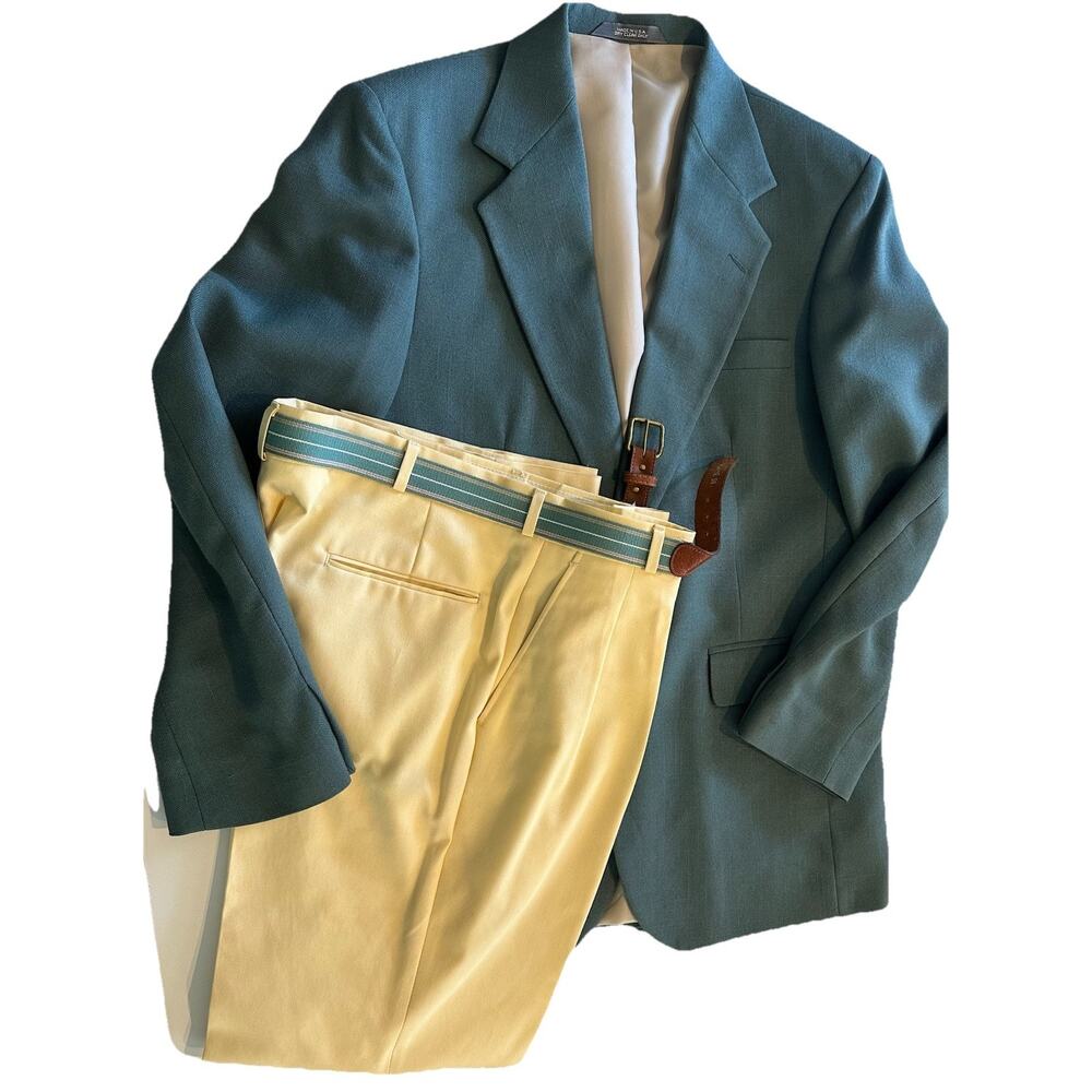 Haggar Gentlemens Fit Pant Suit w Belt Sz 40 NWOT Seafoam, Green Yellow Summer￼